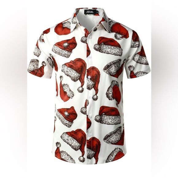 Red and White Casual Button Down Shirt with Festive Santa Hat Design - Picture 1 of 5